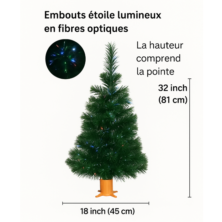 Sapin de noël artificiel 32" à fibres optiques LED multicolores avec base dorée – mini sapin de table