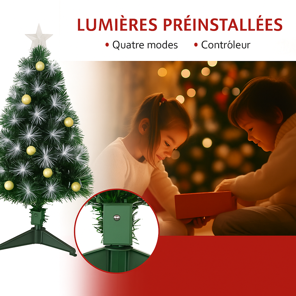 Sapin de noël artificiel HOMCOM 90cm LED à fibres optiques vert et blanc avec télécommande