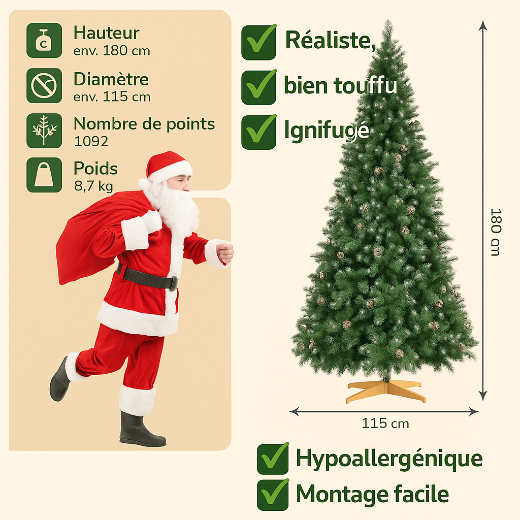 Sapin de noël artificiel enneigé avec pommes de pin – 180 ou 270 cm, pied en bois naturel