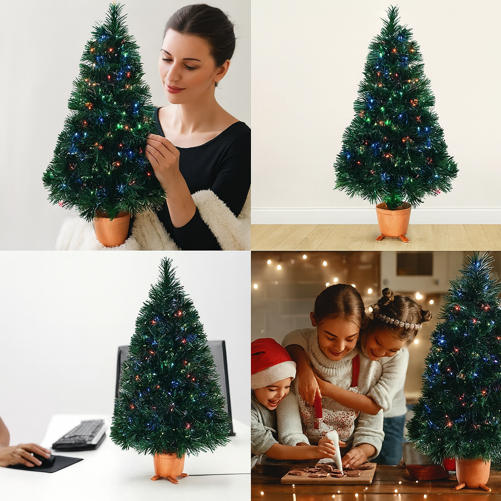 Sapin de noël artificiel 32" à fibres optiques LED multicolores avec base dorée – mini sapin de table