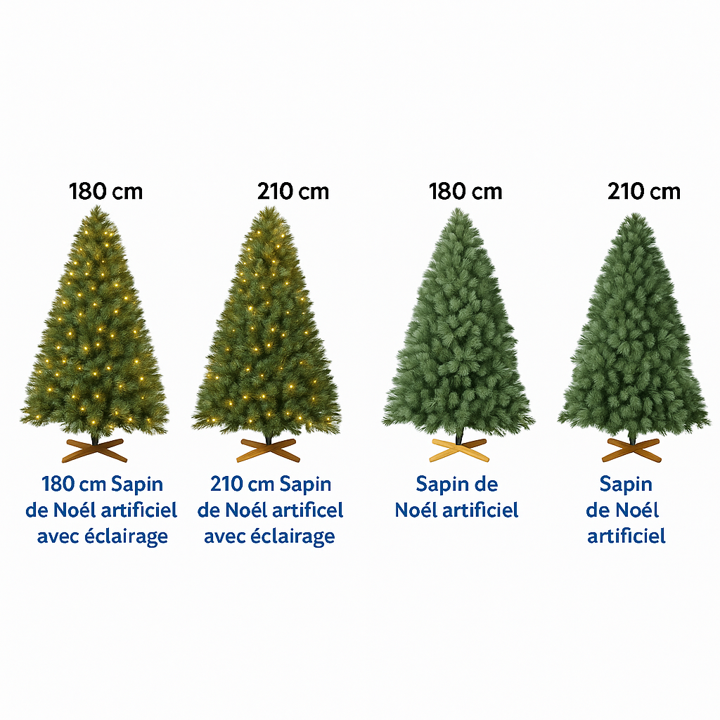 Sapin de noël artificiel avec LED et pied en bois, PVC, 180/210cm, 510/600 branches