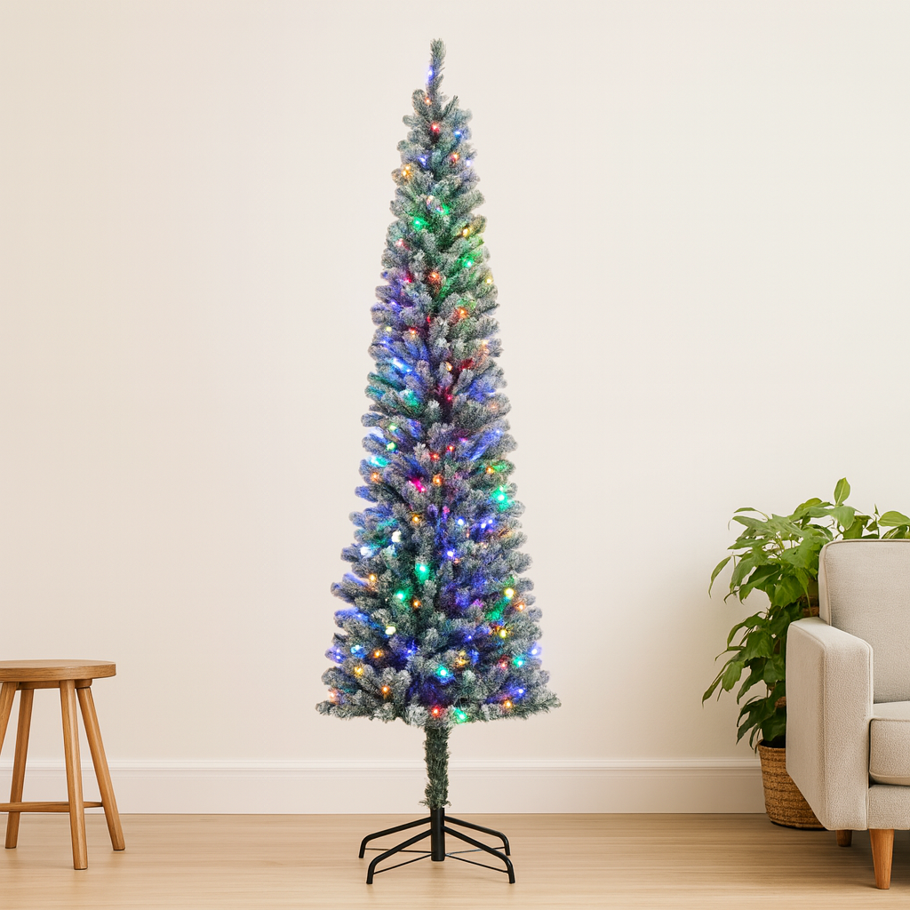 HOMCOM sapin de noël artificiel slim 225 cm avec 220 LED, 519 Branches neige, vert