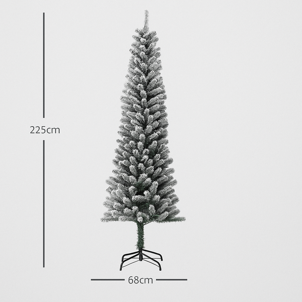 HOMCOM sapin de noël artificiel slim 225 cm avec 220 LED, 519 Branches neige, vert