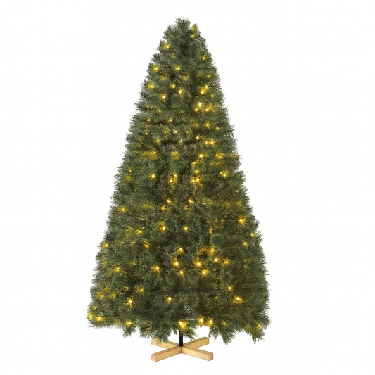 Sapin de noël artificiel avec LED et pied en bois, PVC, 180/210cm, 510/600 branches