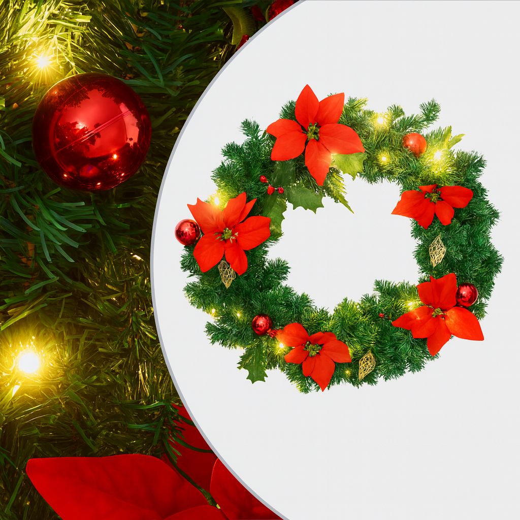 Couronne de noël 60 cm avec lumières LED – décoration de fête intérieur/extérieur en PVC