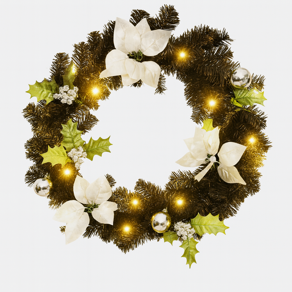Couronne de noël 60 cm avec lumières LED – décoration de fête intérieur/extérieur en PVC