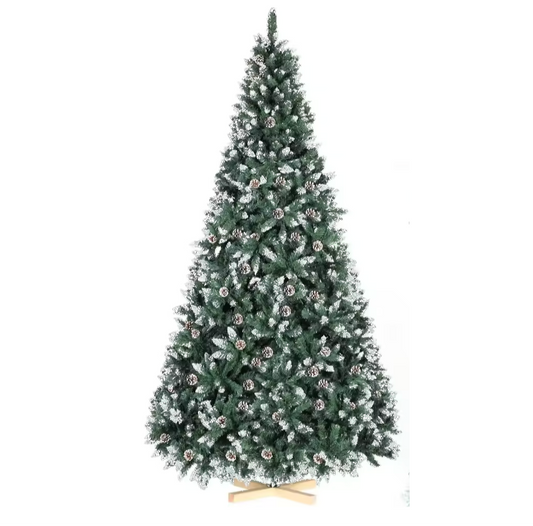 Sapin de noël artificiel enneigé avec pommes de pin – 180 ou 270 cm, pied en bois naturel