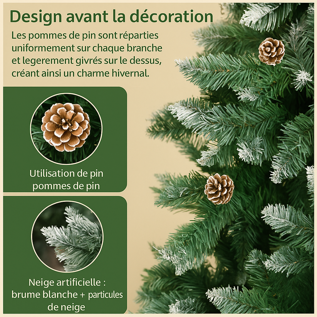 Sapin de noël artificiel enneigé avec pommes de pin – 180 ou 270 cm, pied en bois naturel