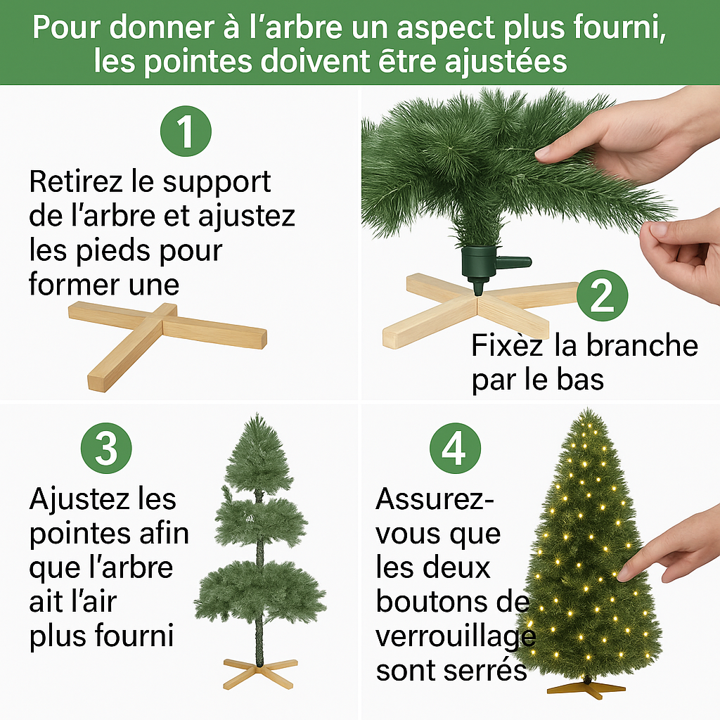 Sapin de noël artificiel avec LED et pied en bois, PVC, 180/210cm, 510/600 branches