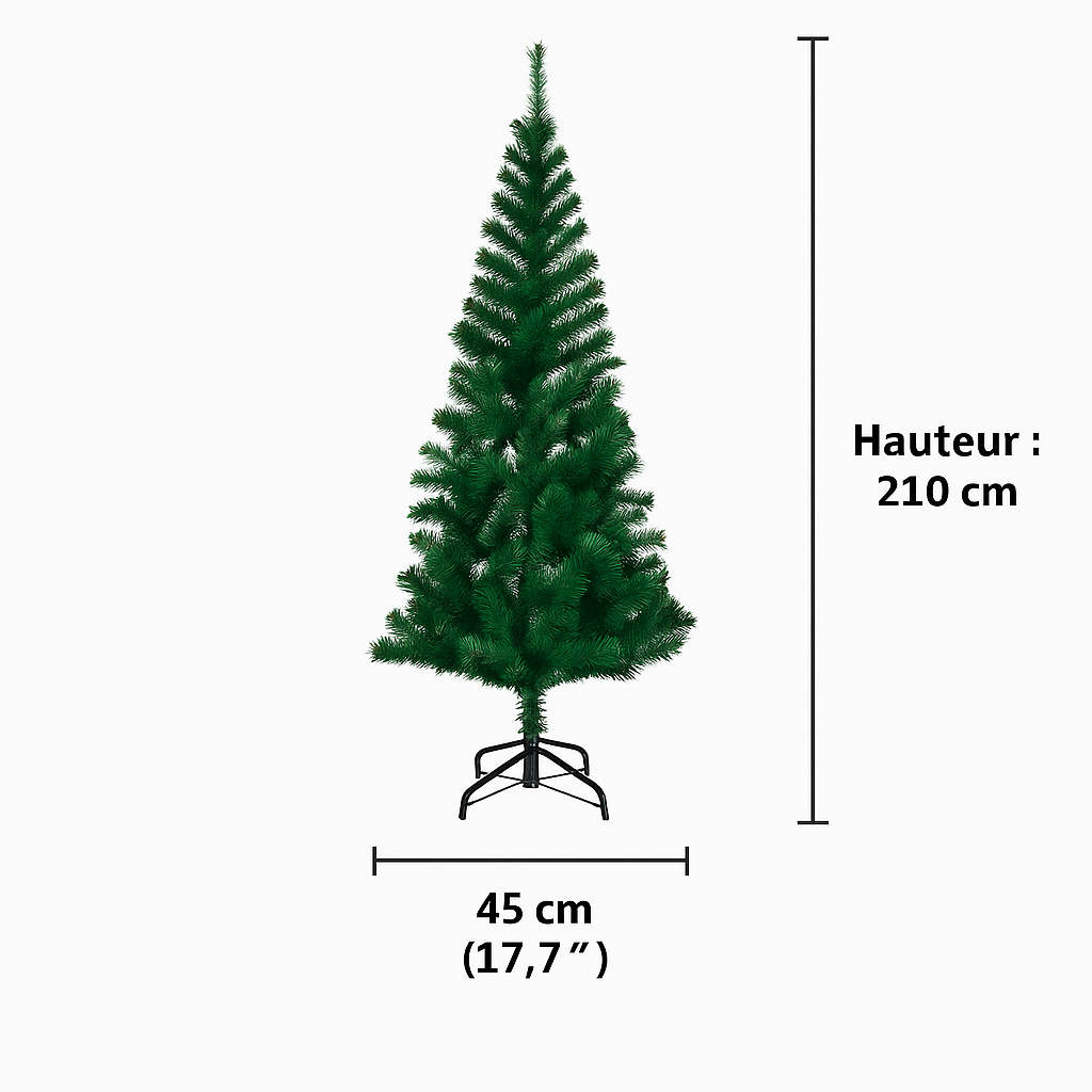 Sapin de noël artificiel vert 210 cm en PVC avec pointes irisées et support acier