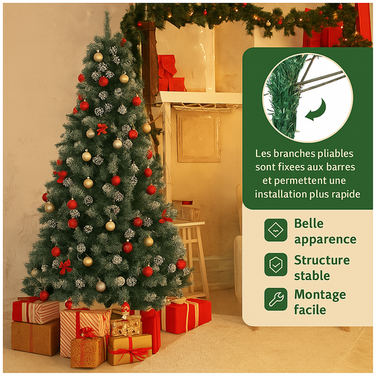 Sapin de noël artificiel enneigé avec pommes de pin – 180 ou 270 cm, pied en bois naturel