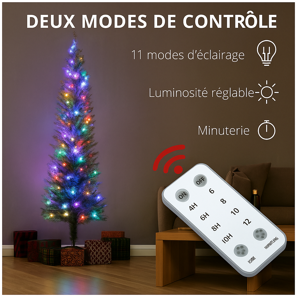 HOMCOM sapin de noël artificiel slim 225 cm avec 220 LED, 519 Branches neige, vert