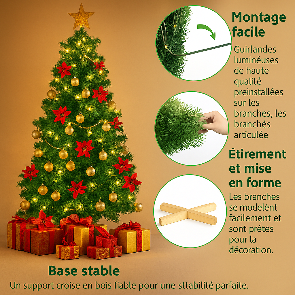 Sapin de noël artificiel avec LED et pied en bois, PVC, 180/210cm, 510/600 branches