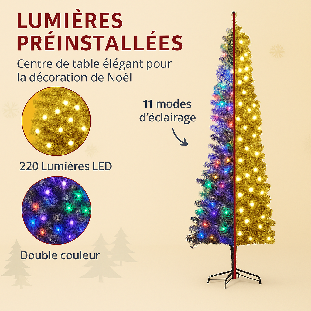 HOMCOM sapin de noël artificiel slim 225 cm avec 220 LED, 519 Branches neige, vert