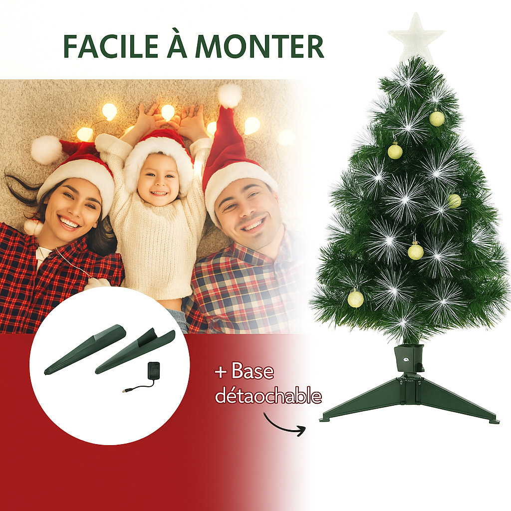 Sapin de noël artificiel HOMCOM 90cm LED à fibres optiques vert et blanc avec télécommande